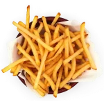 Rustic skin-on French fries served in a wooden container for a homely feel.