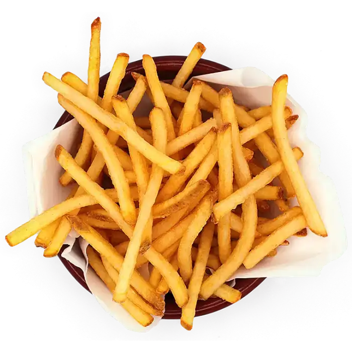 Rustic skin-on French fries served in a wooden container for a homely feel.