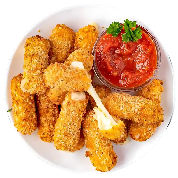 Mozzarella sticks with a golden crust, perfect for dipping in marinara sauce.
