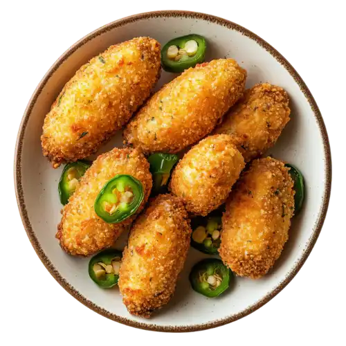 Cheesy jalapeño poppers with a crispy exterior, a popular appetizer.