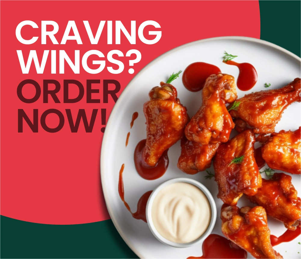 Close-up image of a crispy chicken wing drizzled with sauce, highlighting Wings Avenue’s flavor.